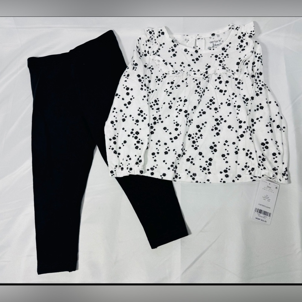 Carter’s Toddler Girl Outfit Floral Set 24M Flower Top Black Leggings Pants NWT